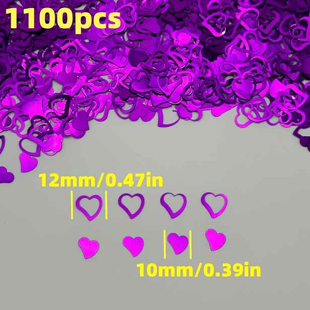 TEMU 1100 ks fialových dutých srdíček z PVC třpytek, 10mm & 12mm smíšené třpytivé konfety pro party dekorace, narozeninové, svatební potřeby, DIY