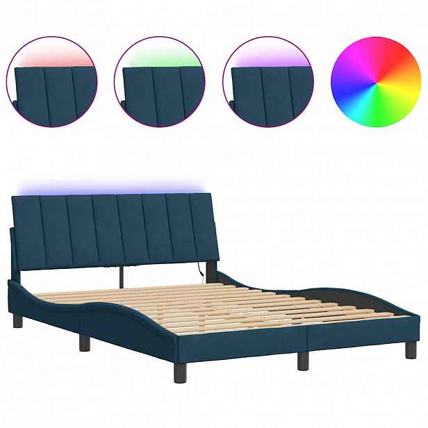 vidaXL Rám postele s LED osvětlením bez matrace Hanko modrý 140 x 200 cm samet