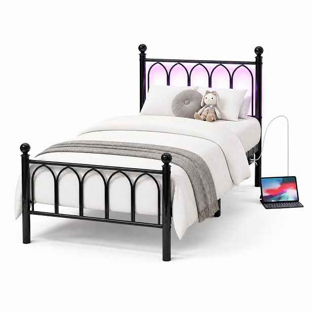 CHICFURN KOVOVÁ POSTEL 90/200 cm v černé barvě s LED osvětlením, USB a zásuvkou