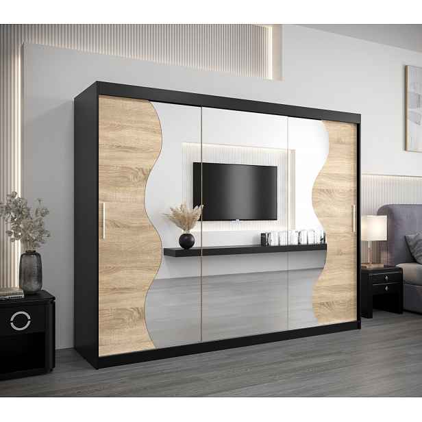 Šatní skříň ROZALIE - šířka 250 cm, černá / dub sonoma