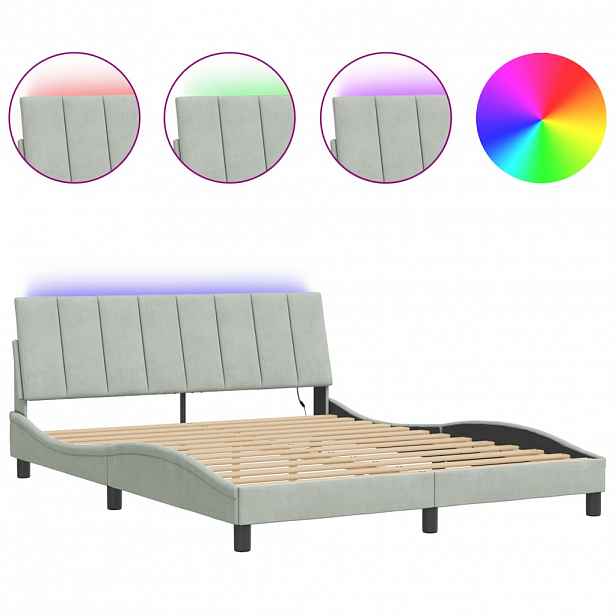 vidaXL Rám postele s LED osvětlením bez matrace Hanko světle šedý 160 x 200 cm samet