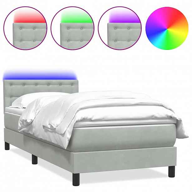 vidaXL Box spring postel s matrací a LED světle šedá 80x220 cm samet