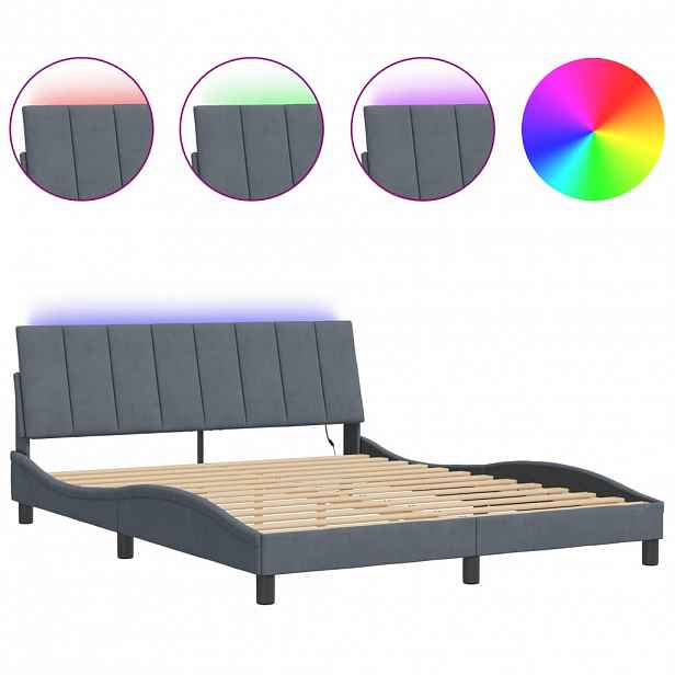 vidaXL Rám postele s LED osvětlením bez matrace Hanko tmavě šedý 160 x 200 cm samet