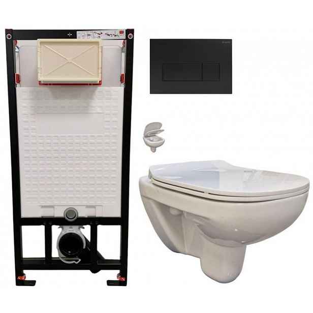 DEANTE Podomítkový rám, pro závěsné WC mísy + SLIM tlačítko černé + WC bez oplachového kruhu Edge + SEDÁTKO CST_WC01 N51P EG1