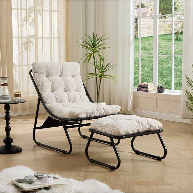 OKWISH RELAXAČNÍ křeslo s podnožkou 65/78/86 cm bílo-černé z oceli s měkkým polstrováním