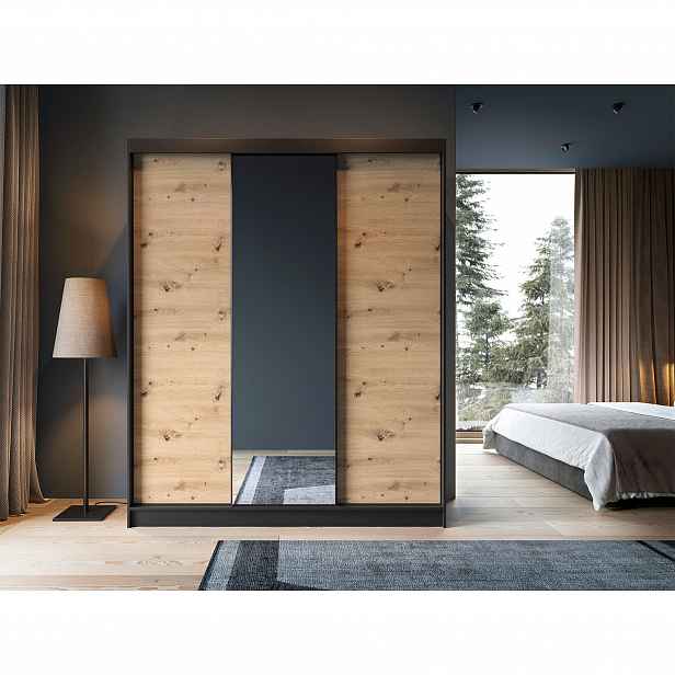 Šatní skříň Esville III Barva korpusu: Černá, Rozměry: 180 cm, Dveře: Dub artisan + zrcadlo