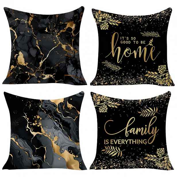 TEMU 2D ploché - 2D 4 ks Černo-zlaté povlaky na polštáře s domácnosti, luxusní mramorový zlatý list s citátem, jednostranný tisk, polyester, bez