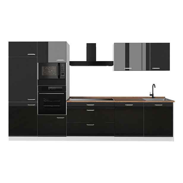 Vicco KUCHYŇSKÝ KOUT R-Line, Černý vysoký lesk/Bílá, 340 cm pracovná doska Dub Goldkraft
