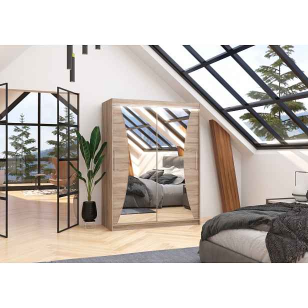 Zrcadlová šatní skříň s LED osvětlením 150 cm KABNA - dub lanýž