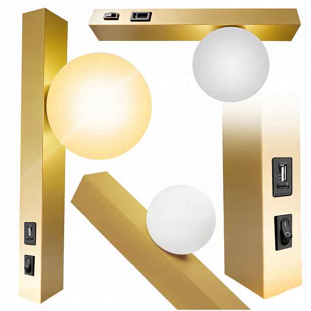 Nástěnná lampa na čtení Usb vnitřní Led skleněná koule zlatá
