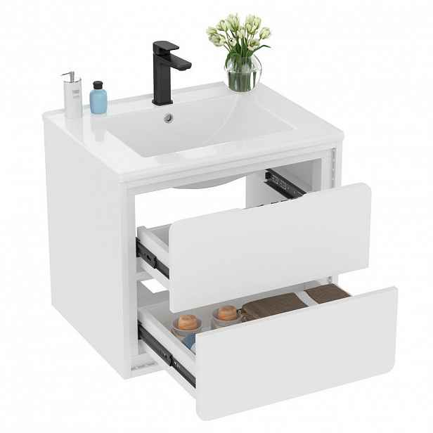 OKWISH ZÁVĚSNÁ boční skříň do koupelny 60/46/50 cm bílá z MDF a keramiky s LED senzorovým světlem