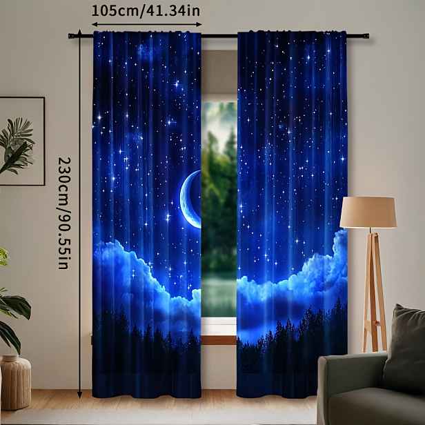 TEMU 2ks pro Galaxie Hvězdné Nebe Okenní Závěsy - Design Půlměsíce & Hvězd, Poloprůhledné Polyesterové Závěsy s Kapsou na Tyč pro Snadné Zavěšení -