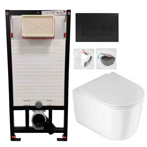 DEANTE Podomítkový rám, pro závěsné WC mísy + SLIM tlačítko černé + WC DEANTE Jasmin se sedátkem RIMLESS /VÍROVÉ SPLACH/ CST_WC01 N51P JA1