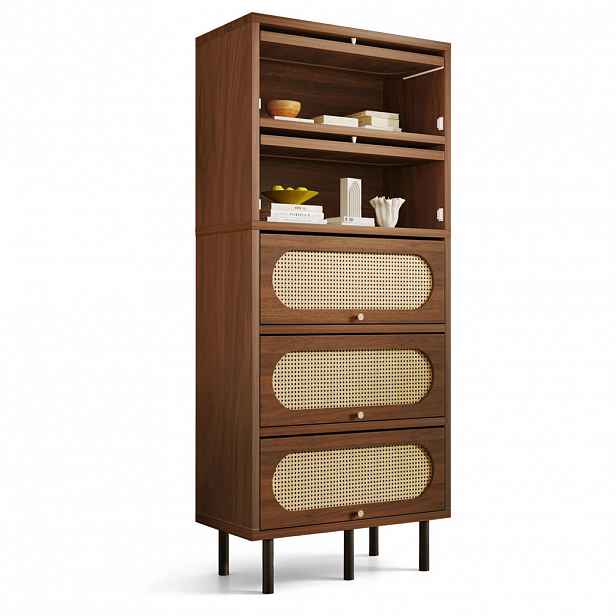 Modfu VYSOKÁ komoda z MDF 80x40x163 cm ořechová s 5 výklopnými dvířky, ratanem a kovovými nohami