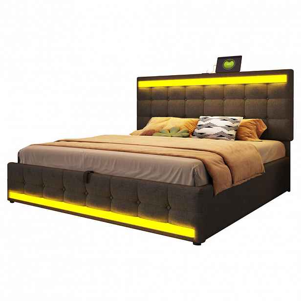 CHICFURN ČALOUNĚNÁ POSTEL 180/200 cm v šedé barvě s RGB LED a USB