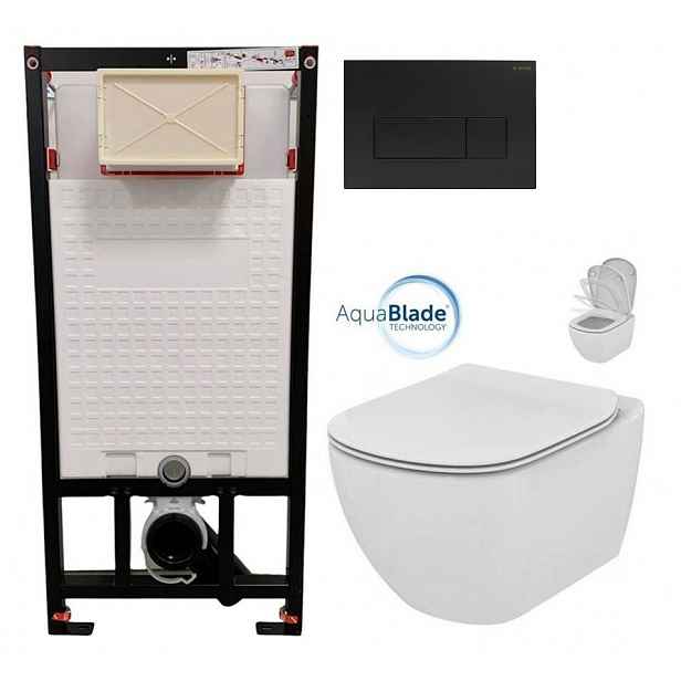 DEANTE Podomítkový rám, pro závěsné WC mísy + SLIM tlačítko černé + WC Ideal Standard Tesi se sedátkem SoftClose, AquaBlade  CST_WC01 N51P TE1
