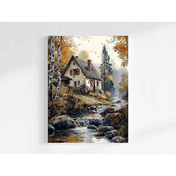 Obraz Na Plátně Canvas Krajina Podzimní Les Dům Chata Řeka Vodopád 60x80