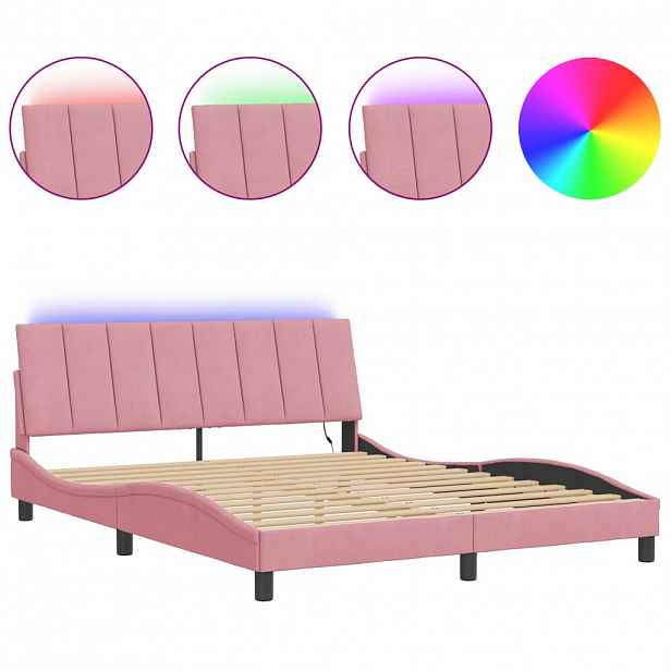 vidaXL Rám postele s LED osvětlením bez matrace Hanko růžový 160 x 200 cm samet