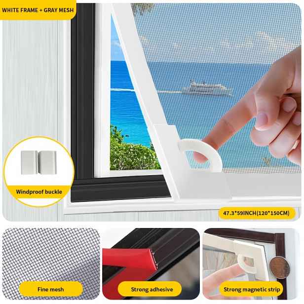 TEMU 1ks Snadno instalovatelný magnetický okenní sítě DIY kit, nastavitelná velikost, šedé sklolaminátové síťování - ideální pro moderní domácí okna