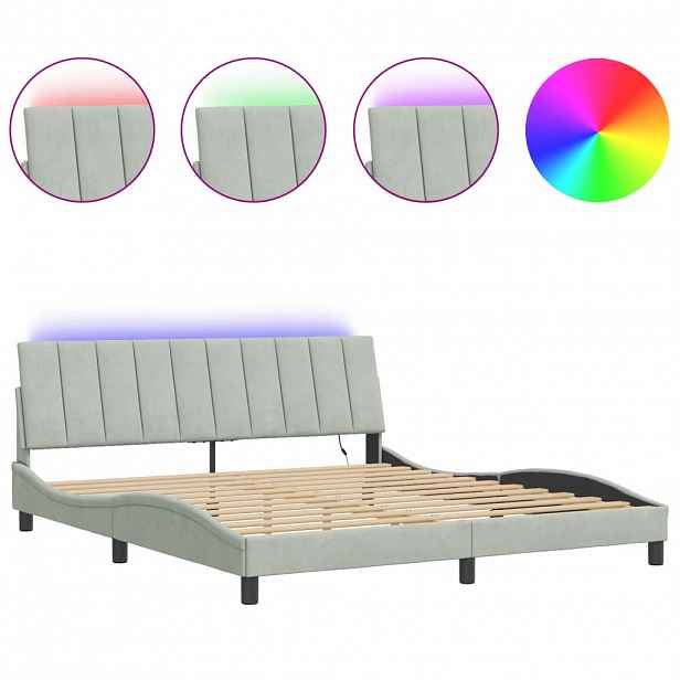 vidaXL Rám postele s LED osvětlením bez matrace Hanko světle šedý 180 x 200 cm samet