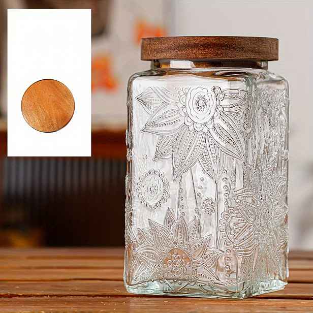 TEMU 1ks Vintage skleněná dóza 1000 ml, dózy na cukroví s víčky, nádoba na potraviny s vzduchotěsným dřevěným víčkem, přenosné průhledné kanystry na