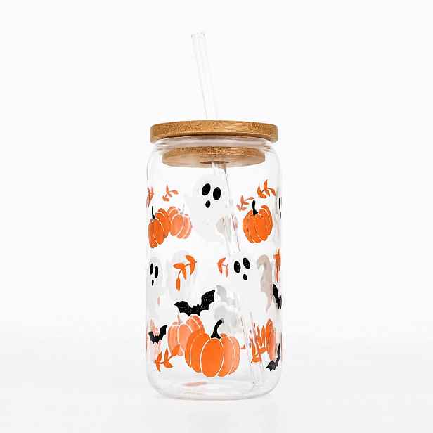 Skleněný Hrnek Halloween 473 ML S Víčkem A Slamkou Dýně, Dýně, Lebka