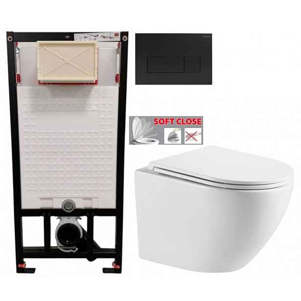 DEANTE Podomítkový rám, pro závěsné WC mísy + SLIM tlačítko černé + WC INVENA LIMNOS /VÍROVÉ SPLACH/ WITH SOFT, včetně soft/close sedátka CST_WC01...