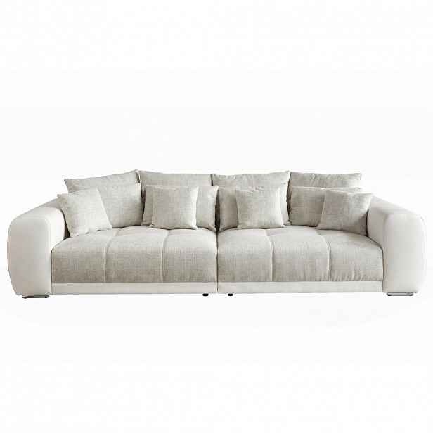 luma-home BIG-SOFA s pružinovým jádrem, Š306/H134/V86 cm, korpus z umělé kůže v bílé barvě + potah z tkaniny se strukturou v šedobéžové barvě / 15113