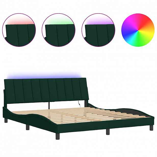 vidaXL Rám postele s LED osvětlením bez matrace Hanko tmavě zelený 180 x 200 cm samet