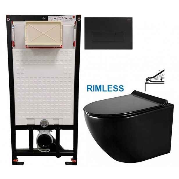 DEANTE Podomítkový rám, pro závěsné WC mísy + SLIM tlačítko černé + WC MEXEN LENA ČERNÁ Rimless + SEDÁTKO CST_WC01 N51P ME01