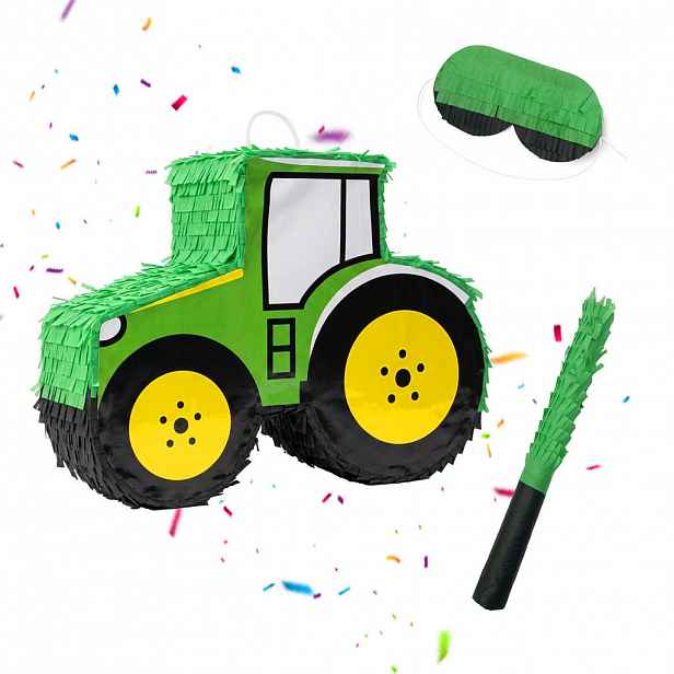 Relaxdays PIŇATA Zeleno-žlutá traktor 3-dílná-sada s tyčí a maskou