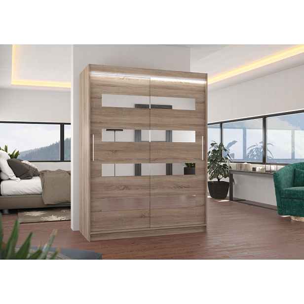 Šatní skříň se zrcadlem a LED osvětlením 150 cm RADLA - dub lanýž