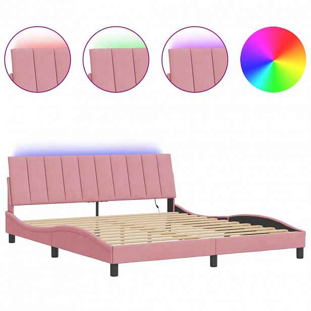 vidaXL Rám postele s LED osvětlením bez matrace Hanko růžový 180 x 200 cm samet