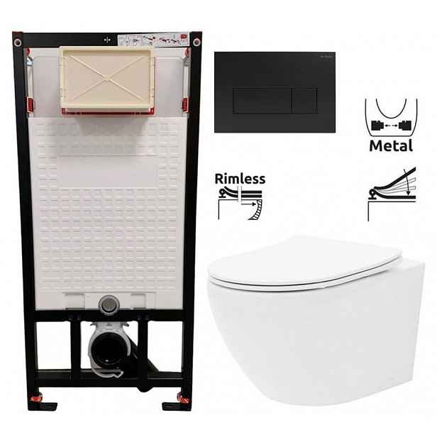 DEANTE Podomítkový rám, pro závěsné WC mísy + SLIM tlačítko černé + WC REA Carlo Flat Mini Rimless + SEDÁTKO CST_WC01 N51P CF1
