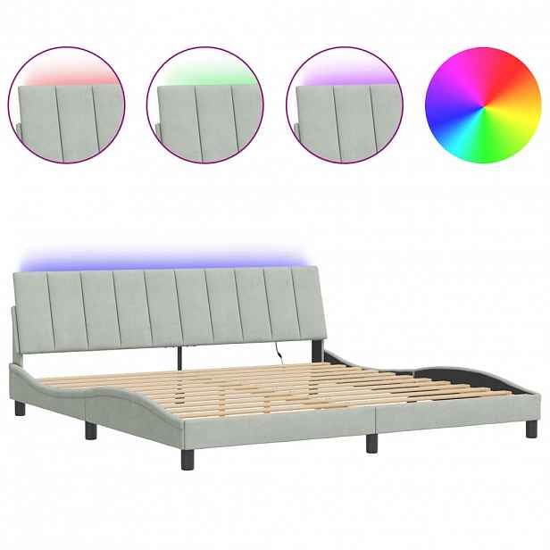 vidaXL Rám postele s LED osvětlením bez matrace Hanko světle šedý 200 x 200 cm samet