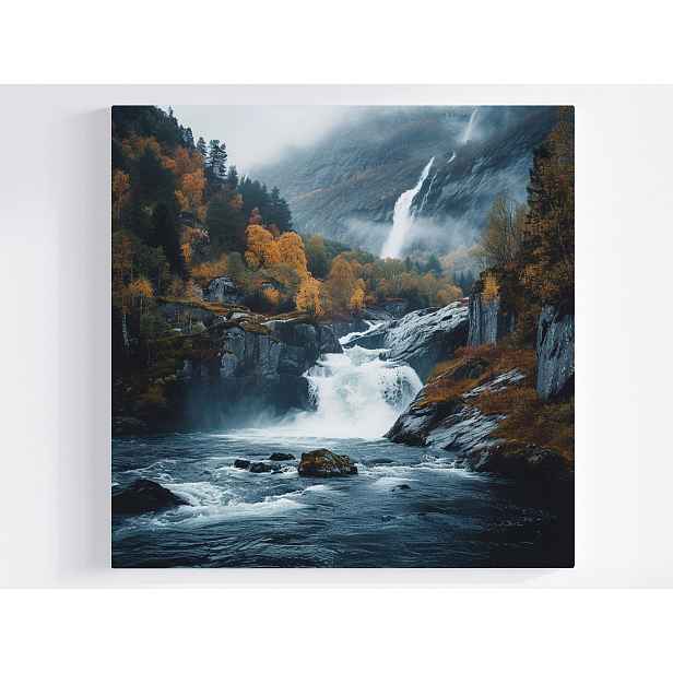 Obraz Na Plátně Canvas Krajina Podzim Les Hory Skály Vodopád Řeka 50x50