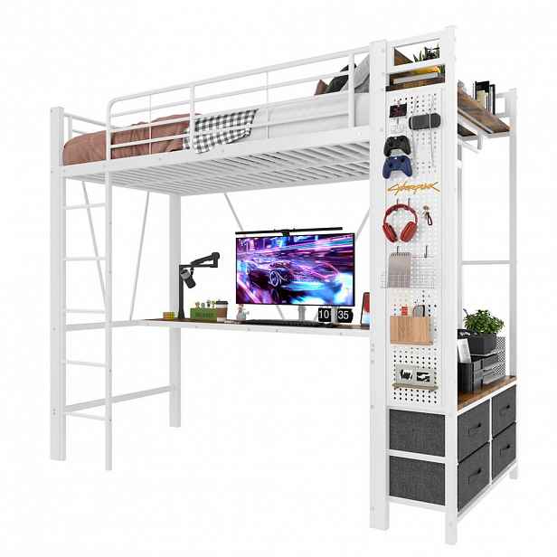 OKWISH PATROVÁ postel 90/200 cm s železným rámem, s psacím stolem a LED osvětlením, bez matrace