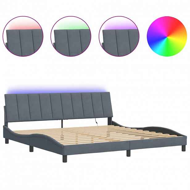 vidaXL Rám postele s LED osvětlením bez matrace Hanko tmavě šedý 200 x 200 cm samet