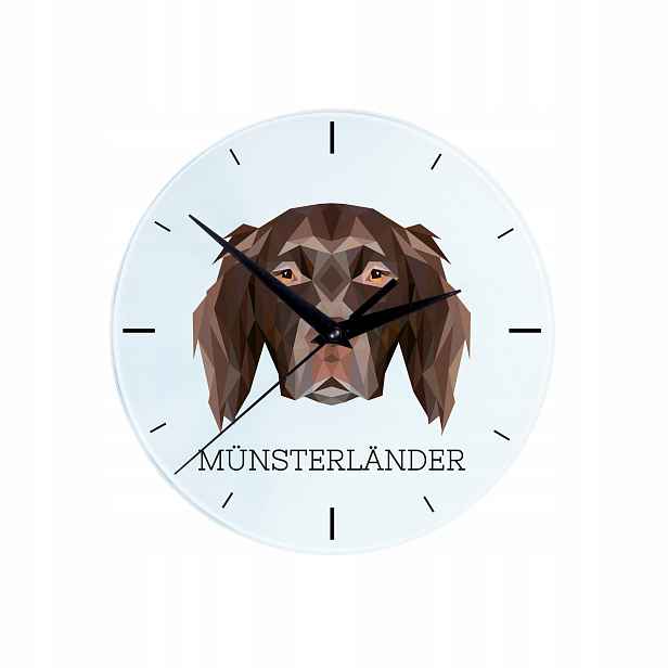 Munsterlander skleněné závěsné nástěnné hodiny s geometrickým psem