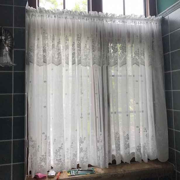 TEMU 1ks Rustikální bílá krajková květinová vyšívaná průsvitná krátká záclona pro kuchyň, polyester, závěsný kapsičkový závěs, bez podšívek, záclony