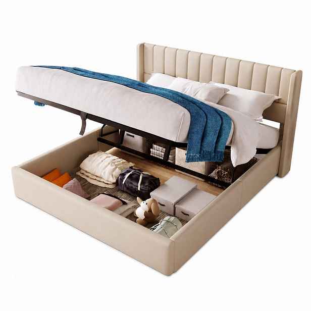 CHICFURN ČALOUNĚNÁ POSTEL 140/200 cm v béžové barvě s úložným prostorem a matrací