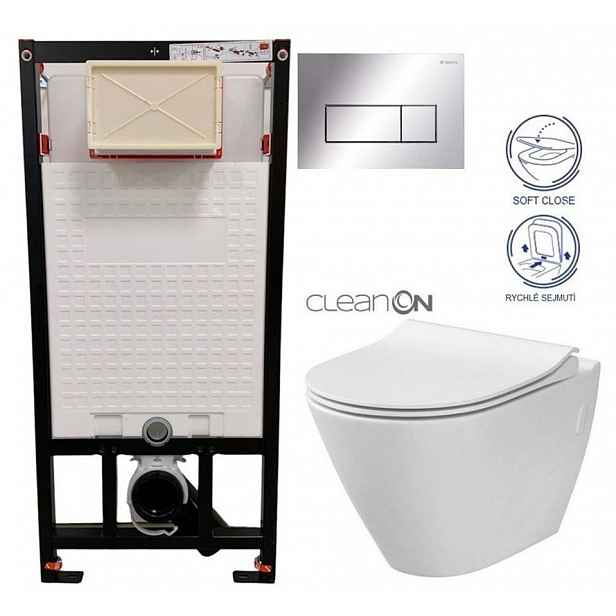 DEANTE Podomítkový rám, pro závěsné WC mísy + SLIM tlačítko chrom + WC CERSANIT CLEANON CITY CST_WC01 051P CI1