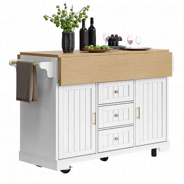 Redom KUCHYŇSKÝ ostrůvek 120/40/95 cm s výklopnou deskou a úložným prostorem, mobilní provedení, Bílá