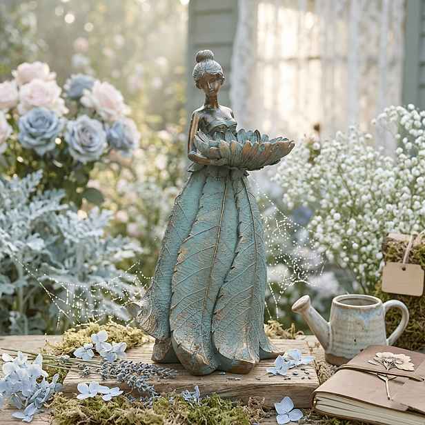 TEMU Vintage - Elegantní figurka víly držící lotosový květ - 12.5" pryskyřicová umělecká , soška dámy v sukni s pro domácí kancelář, obývací pokoj,