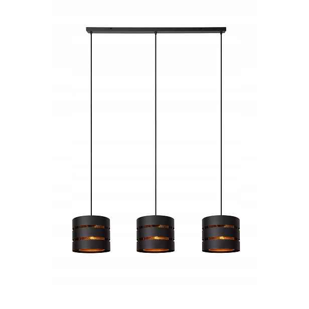 Závěsná lampa trojitá, moderní, černá, zlatá lišta 130 cm, 3 body Lucide