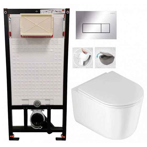 DEANTE Podomítkový rám, pro závěsné WC mísy + SLIM tlačítko chrom + WC DEANTE Jasmin se sedátkem RIMLESS /VÍROVÉ SPLACH/ CST_WC01 051P JA1