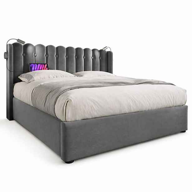CHICFURN ČALOUNĚNÁ POSTEL 160/200 cm v šedé sametové látce s úložným prostorem, lampičkou a USB