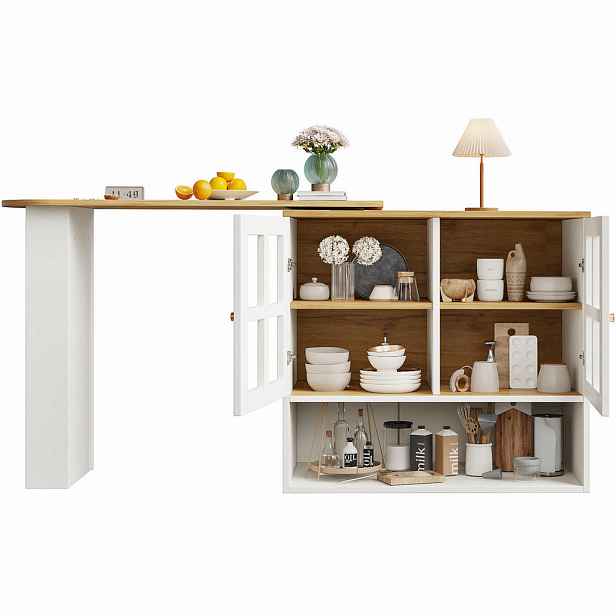 Redom BAROVÝ stolek 138-204/39/102,5 cm otočný o 360° s úložným prostorem a skleněnými dvířky z MDF, Bílá