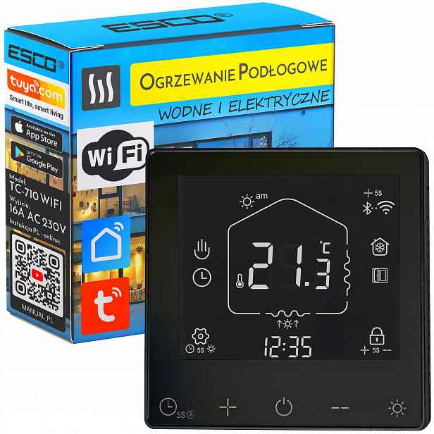 Černý Termostat Esco TC-710B 16A Podlahový WiFi Tuya Aplikace Komfort+