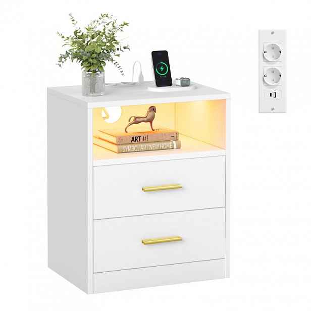 Moderní noční stolek s LED, USB-C, 2 zásuvky, bílý, 40x30 cm